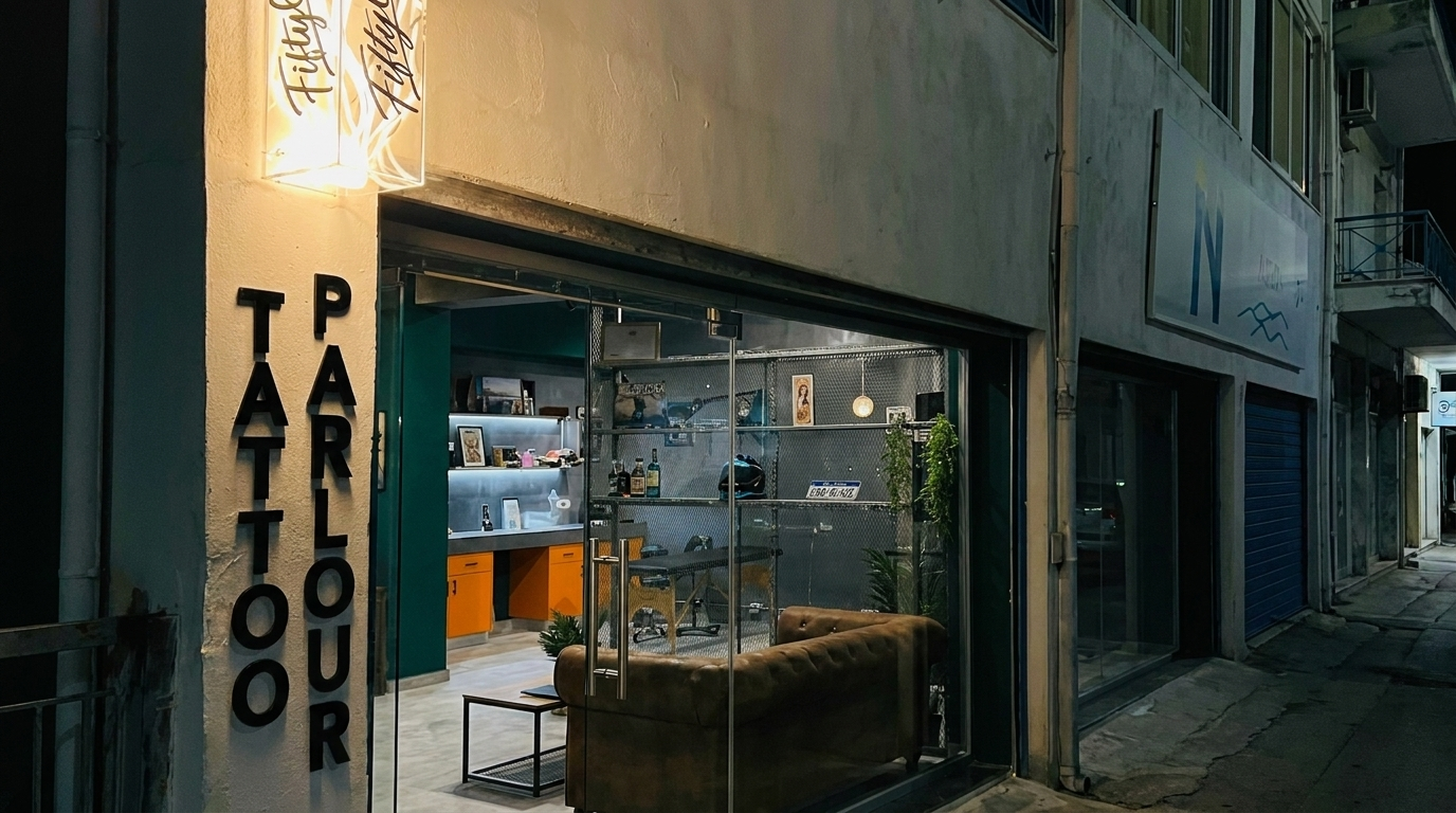 Fifty6 Tattoo Parlour storefront at night with illuminated sign and warmly lit interior visible through the glass